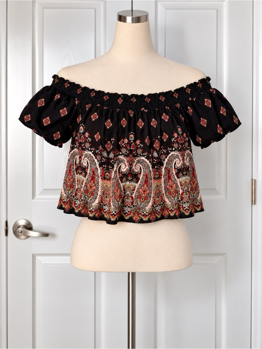 You and I Black Paisley Off Shoulder Crop Top L Boho Festival Peasant Y2K